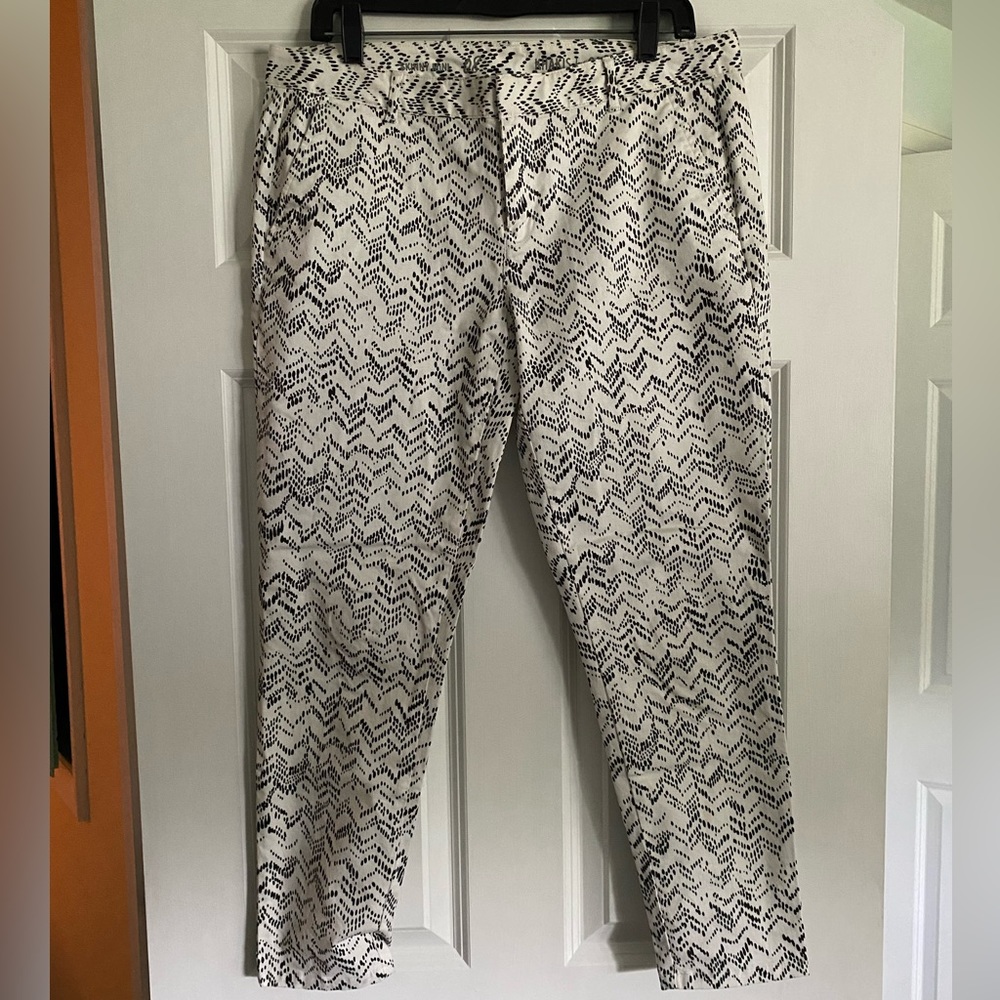 Gap Skinny Mini cropped chinos pants Sz 8 black ivory abstract print stretch